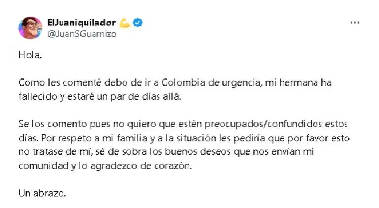 De luto streamer Juan Guarnizo; falleció su hermana